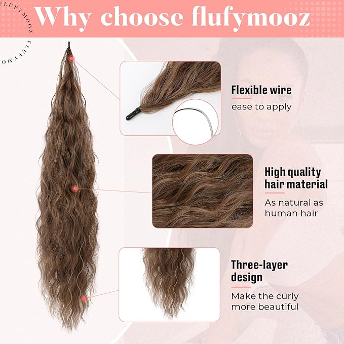 Flufymooz Ponytail Extension, Flexible Wrap Around Ponytail Extension Long Wavy Curly Ponytail Hair Extensions Natural pony tail Synthetic Hairpiece for Women 32 Inch (Brown with Auburn)