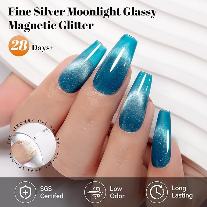 YTD Likomey Cat Eye Gel Nail Polish,Silk Glass 15ml Blue Magnetic Shimmer Glitter Moonlight Jelly Shiny Salon Home Fall Winter UV Color Varnish with Magnet Stick,HEMA Free TPO Free,MY504