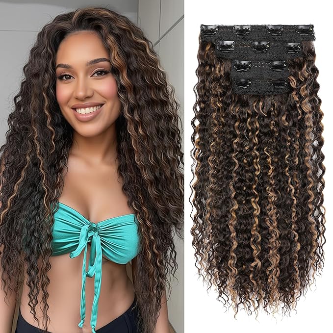 REECHO Hair Extensions - 4PCS 20" Water Wave Clip in Hair Extensions 100% Super Protein Silky Soft Natural Look with Invisible Lace Weft Hairpieces for Women - Chocolate Brown with Golden Highlights
