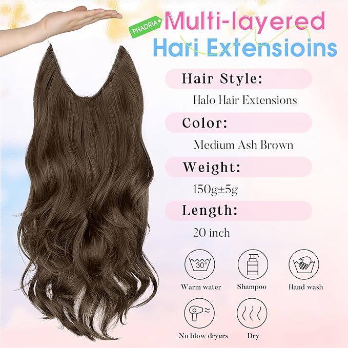Invisible Wire Hair Extensions with Transparent Wire Adjustable Size 4 Secure Clips Long Wavy Secret Hairpiece 20 Inch for Women(Medium Ash Brown)