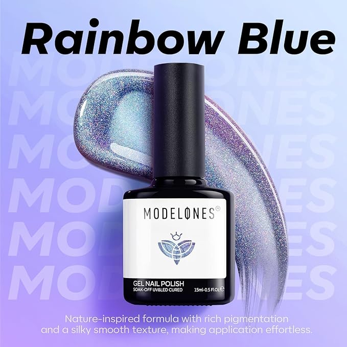 modelones 9D Magnetic Cat Eye Gel Nail Polish, Holographic Blue Purple Rainbow Shimmer, 15ML UV LED Soak Off Gel, Christmas Nail Art, Manicure Design - Reflective Top Coat for Women & Girls