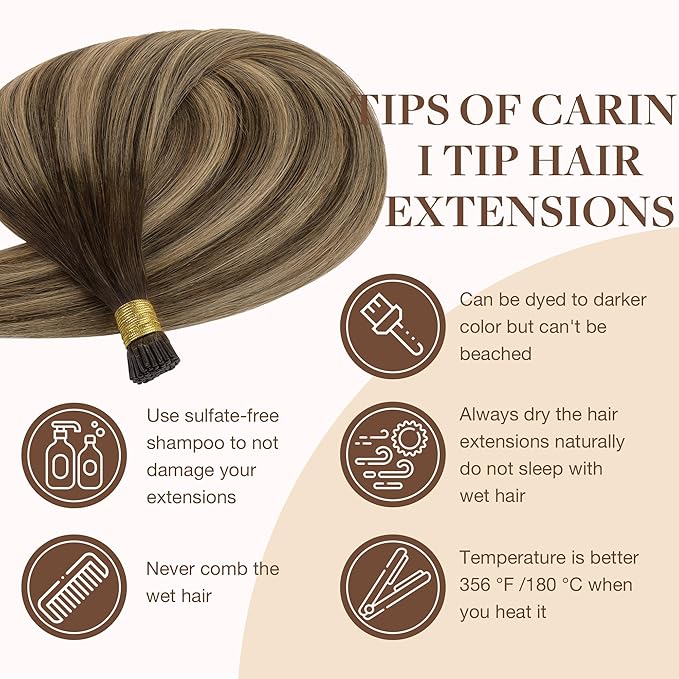 GOO GOO I Tip Hair Extensions Real Human Hair, 20inch 50g 50S, Invisible Remy Cold Fusion I Tip Hair Extensions,4/27/4 Balayage Chocolate Brown to Caramel Blonde