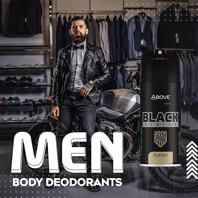 ABOVE Black Series Body Spray, Classic, 4 pcs - Deodorant Spray - Woody Fragrance - Masks Perspiration Odors - Long-Lasting Dry Spray - Cruelty-Free