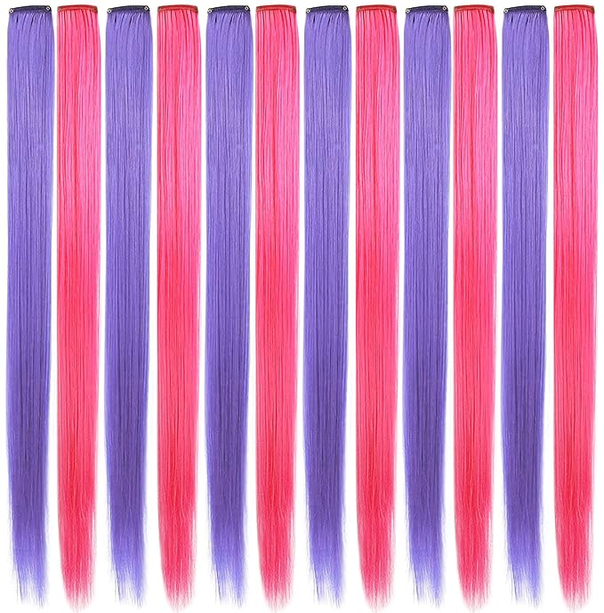 Rhyme Colored Hair Extensions Clip In 21 inch Straight Rainbow Hair Extensions Accessories For Girls Kids Women Birthday Festival Gift Party Highlights Rainbow Wig Pieces 12PCS (Pink Lavender)