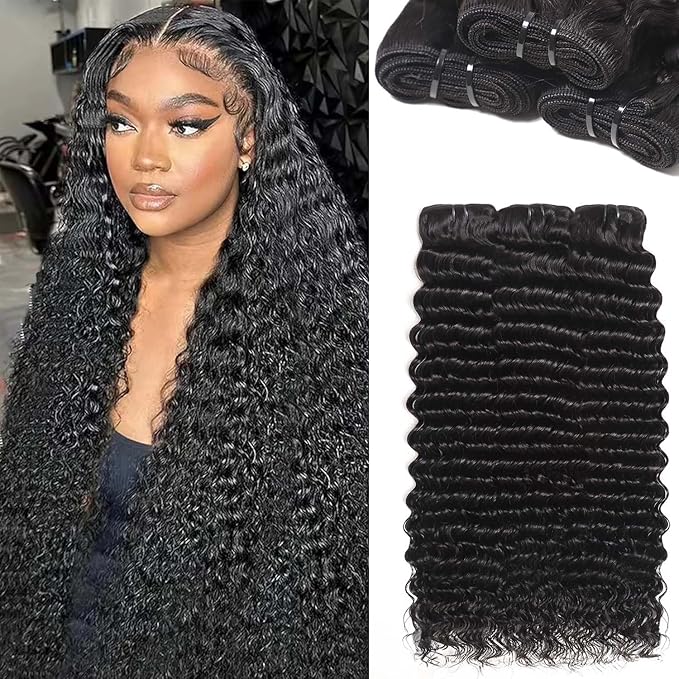 26 28 30 Inch Deep Wave Bundles Human Hair 3 Bundles 12A Grade 100% Unprocessed Brazilian Virgin Hair Bundles Wet and Wavy Bundles Double Weft Deep Wave Natural Black Color