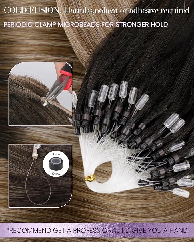 LaaVoo Micro Link Hair Extensions Human Hair Ombre Darkest Brown to Medium Brown Microlinks Hair Extensions Human Hair 22in 50g/50strands