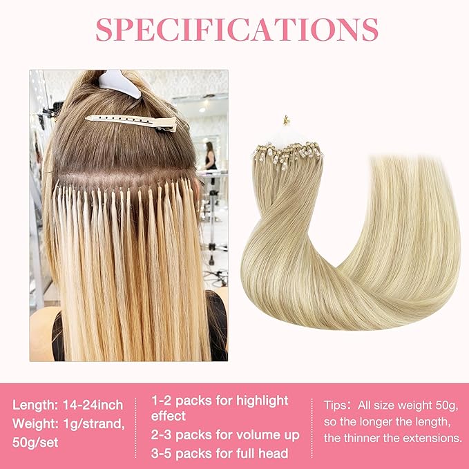 GOO GOO Micro Link Tip Hair Extensions, 14inch 50g 50S, Cold Fusion, Invisible Remy Human Hair, 18ET90A Natural Blonde Balayage