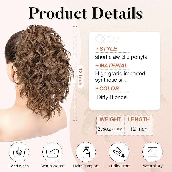 Flufymooz Ponytail Extension, 12" Short Claw Ponytail Extension Wavy Curly Jaw Clip in Pony tails Hair Extension Natural Synthetic Hairpiece for Women(Dirty Blonde)