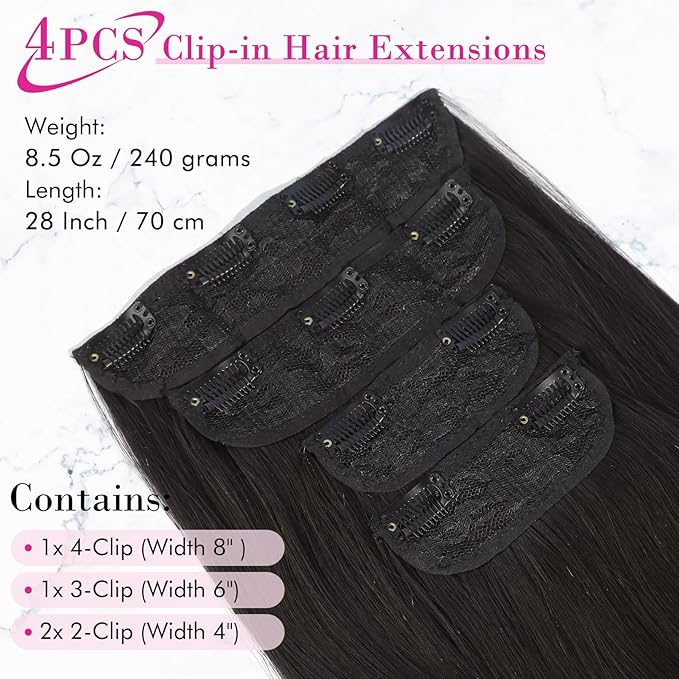 REECHO 28" Straight Super Long 4 PCS Set Thick Clip in on Hair Extensions Black Brown
