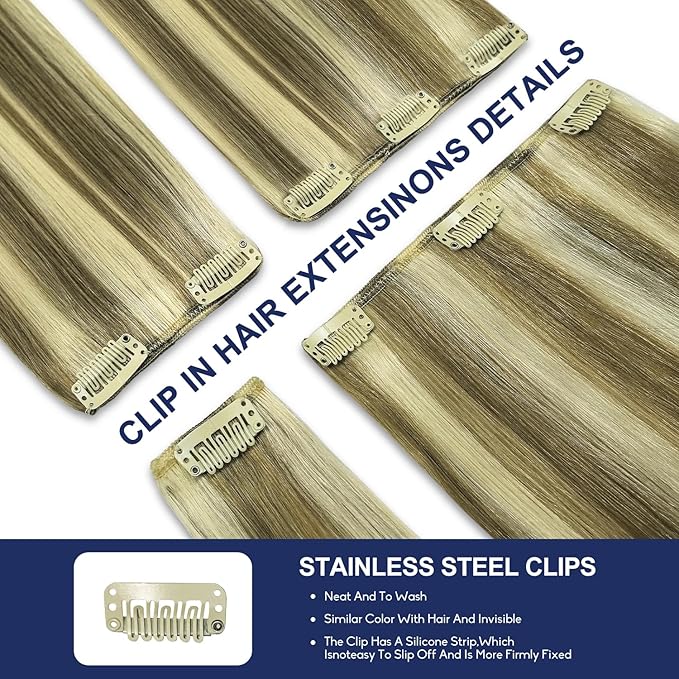 Blonde Clip in Hair Extensions, 22 Inch 110g, 8p613 Mixed Bleach Blonde, Invisible Seamless Straight Remy Blonde Hair Extensions Clip in 8pcs Per Set with Double Weft