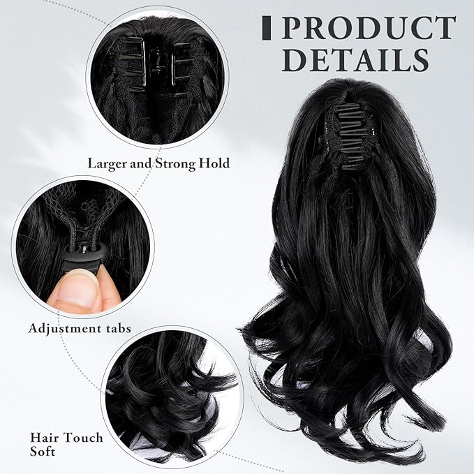 Ponytail Extension for Women,12 Inch Clip in Claw Curly Wavy Pony Tails Hair Extensions for Womens Synthetic Hair Extensions Ponytail Daily Use (Black)