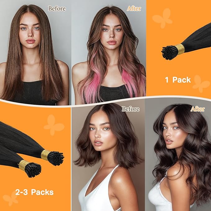 DOORES I Tip Hair Extensions Human Hair, 100s/100g 20 Inch Jet Black, I Tips Extensions Cold Fusion Remy Straight