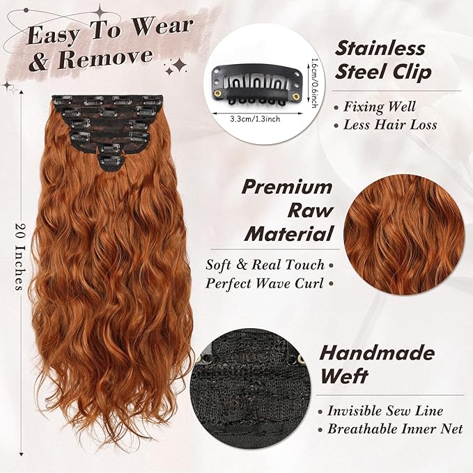 BARSDAR Copper Clip in Hair Extensions - 20 Inch 6PCs Full Head Beach Wavy Clip in Hair Extensions for Women - Voluminous Thick Soft Synthetic Hairpieces Daily Party Halloween- Cowboy Ginger Copper