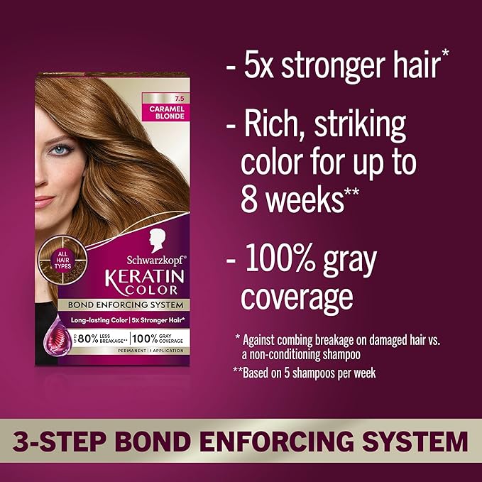 Schwarzkopf Keratin Permanent Hair Dye Cream, 7.5 Caramel Blonde, Professional Quality Color for Up to 100% Gray Coverage, Bond Enforcing System