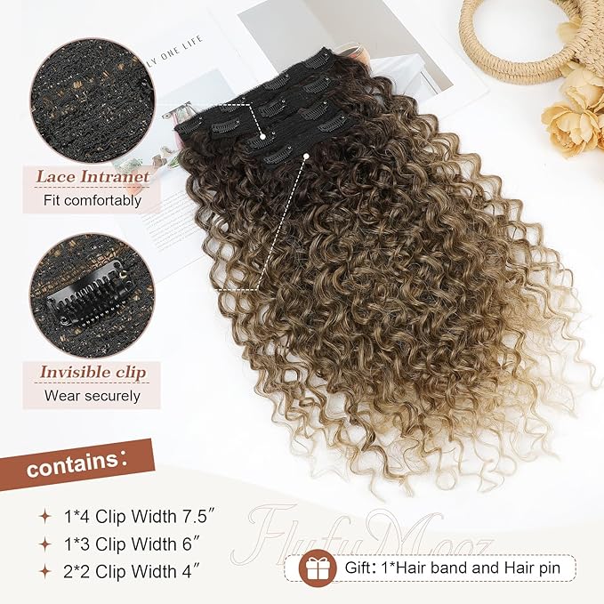 Clip in Hair Extensions, FLUFYMOOZ 4PC 100％ Pure Protein Silk Hair Extensions Long Soft Natural Hairpiece 20 Inch Curly Hair Extension for Women (Dark Brown to Medium Brown Light Roots)