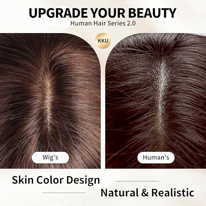 KKU 16 Inch Dark Brown Human Hair Wigs for Women,Layered Straight Hair Wig with Bangs,Wear Natural Realism