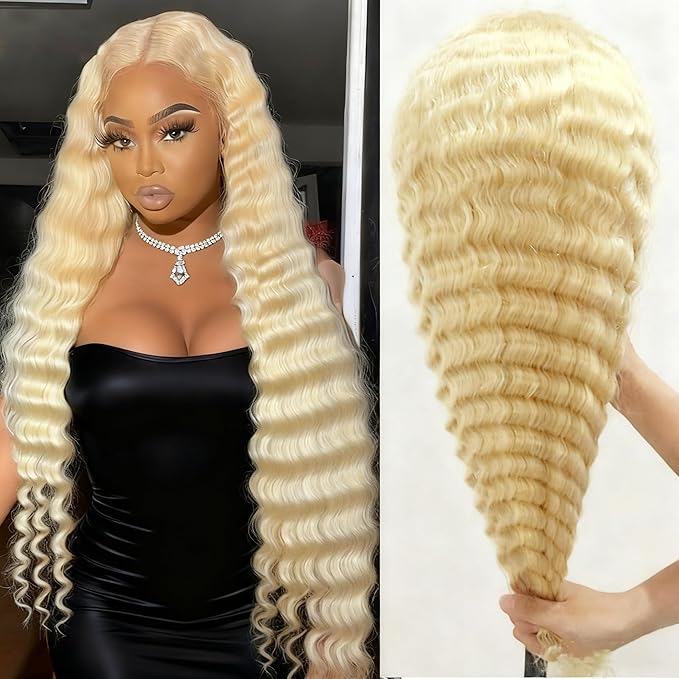 30 Inch 13x6 Lace Front Wigs Human Hair 613 Deep Wave Blonde 13x6 HD Lace Front Wigs Human Hair 200% Density Pre Plucked with Baby Hairs Wigs For Women Female