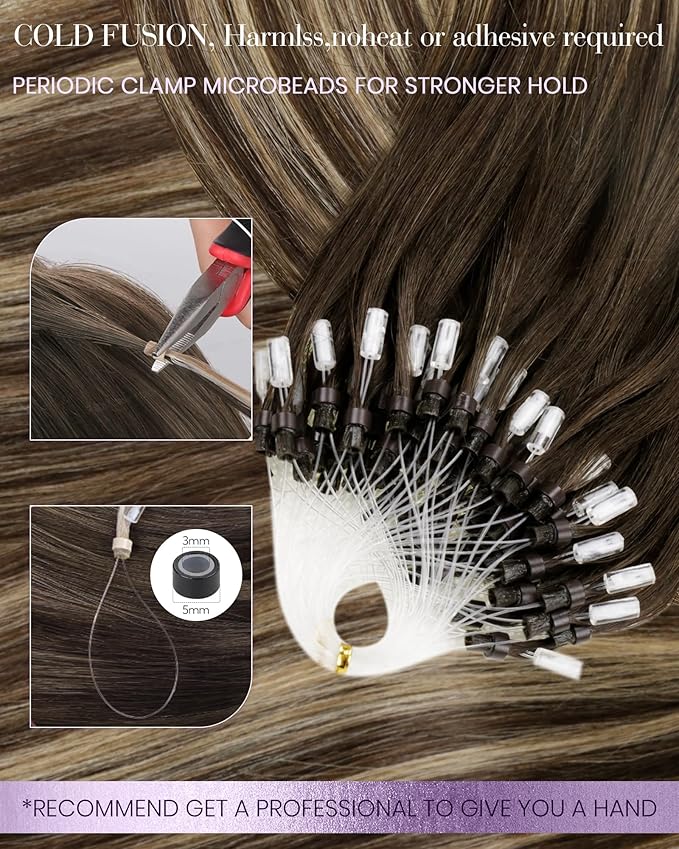 LaaVoo Micro Beads Hair Extensions Balayage Microlink Hair extensions Human Hair Medium Brown to Caramel Brown Micro Ring Human Hair Extensions 50g 50s 14 Inch