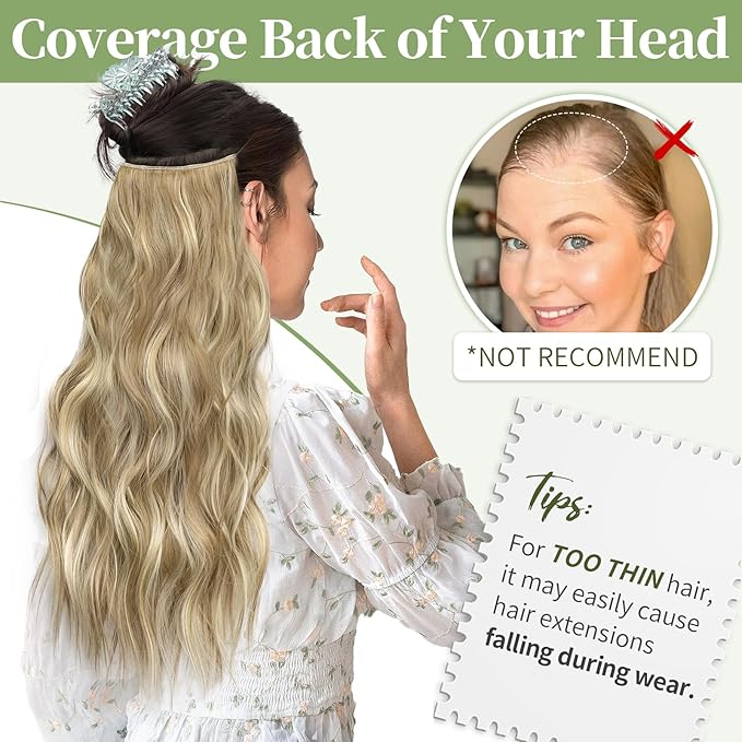 KooKaStyle Invisible Wire Hair Extensions with Transparent Wire Adjustable Size 4 Secure Clips Long Wavy Curly Secret Synthetic Hairpieces(20 Inch,Dark Ash Blonde mix Light Blonde Highlights)