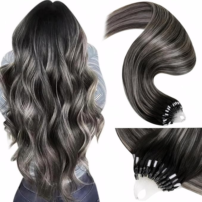 LaaVoo Microlink Hair Extensions Human Hair Ombre Black Microbead Hair Extensions Human Hair Off Black Balayage Grey Silver Micro Loop Hair Exrensions 14 inch 50g 50s