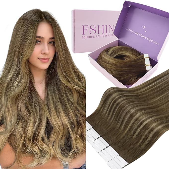 Fshine Balayage Tape-in Hair Extensions - Human Remy Hair, 14 Inch Dark Brown to Caramel Blonde, Straight, for Moms 20 pcs 50 g,for Moms & Busy Moms