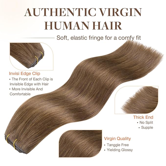 GOO GOO Invisi Edge Clip in Hair Extensions 24inch 150g 7Pcs Injected Seamless PU Clip in Hair Extensions, Virgin Real Human Hair, 5 Light Ash Brown