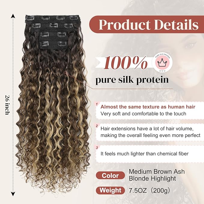 LONAI 4PC Clip in Hair Extensions, 100％ Pure Protein Silk Curly Hair Extension for Women, 26 Inch Long Soft Natural Hair Extensions-Medium Brown Ash Blonde Highlight
