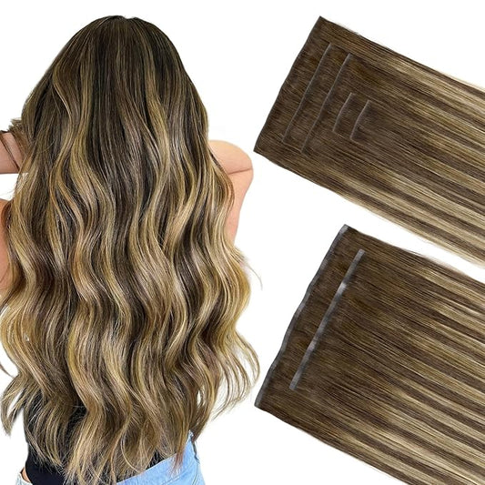 GOO GOO Invisi Edge Clip in Hair Extensions Set, 24inch 150g, 5pcs Injected Seamless PU Clip ins and 2pcs Classical PU Clip ins Virgin Real Human Hair, #(T4/27) P4