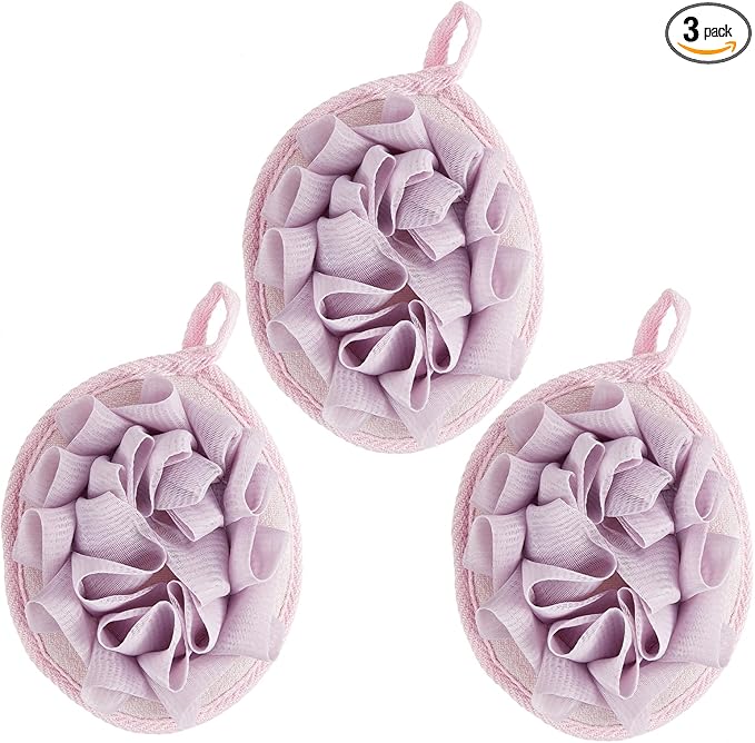 Boao 3 Pcs Bath Shower Pouf Sponge Mesh Pouf Shower Ball Exfoliating Body Sponge Pad Scrubber Glove with Flower Bath Ball (Purple)