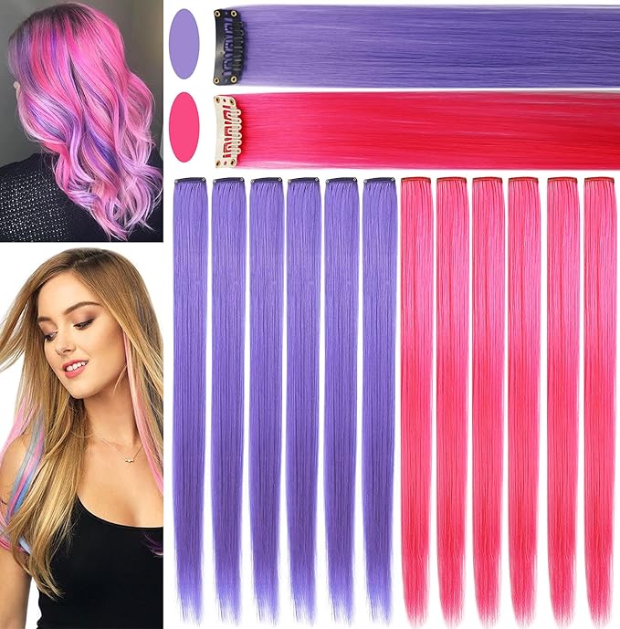 Rhyme Colored Hair Extensions Clip In 21 inch Straight Rainbow Hair Extensions Accessories For Girls Kids Women Birthday Festival Gift Party Highlights Rainbow Wig Pieces 12PCS (Pink Lavender)