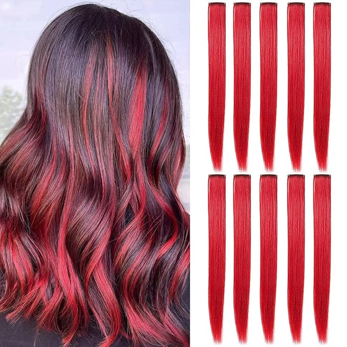 10 PCS 20 inch Colorful Party Highlights Clip in Red Hair Extensions Straight Synthetic Hairpieces for Women Kids Girls Hair Accessories Wig Pieces (Red)