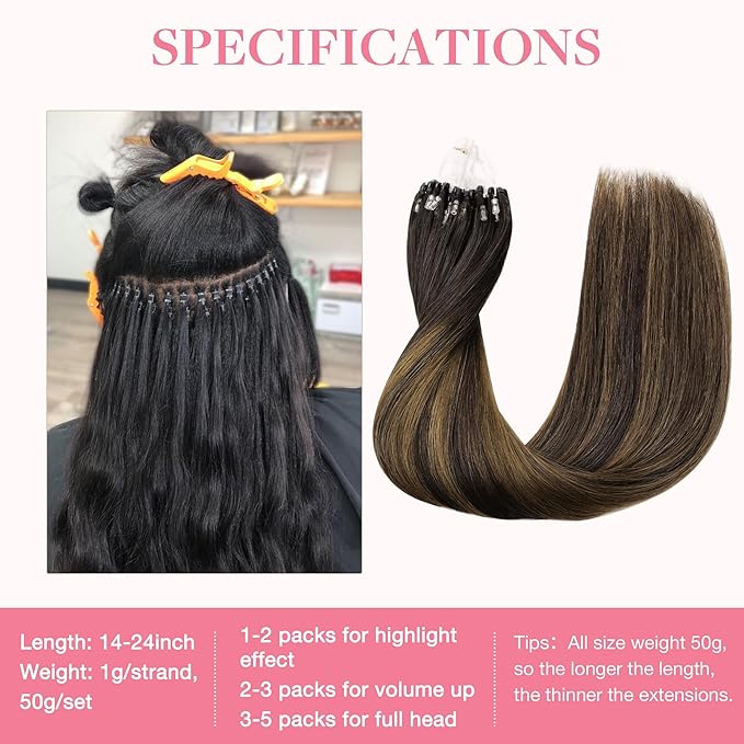 GOO GOO Micro Link Tip Hair Extensions, Real Human Hair, 14inch 50g 50S, Cold Fusion, Invisible Remy, 2/6/2 Balayage Dark Brown to Chestnut Brown