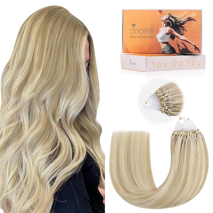 DOORES Micro Hair Extensions Human Hair for Women, Dark Blonde Highlighted Bleach Blonde 22 Inch 50g/50s, Long Remy Hair Extensions, Real Hair Extensions