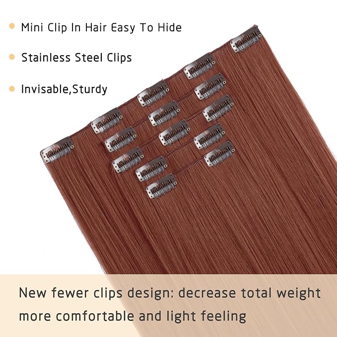 Hair Extension Clips Straight Invisible 18 Inch Long Thick Synthetic Clip in Extensions 5PCS Soft and Beautiful Copper Red Hairpieces Heat Resistant for Women Weddings Party Daily Use 6.5 Oz