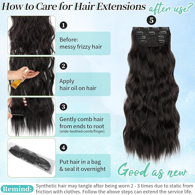 KooKaStyle Clip in Synthetic Hair Extensions Long Wavy 4PCS Thick Hairpieces Dark Brown 6# Fiber Double Weft Natural Hair Extensions 24 Inch for Women