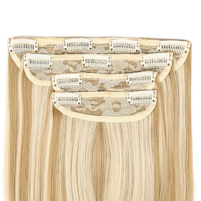 REECHO 24" Straight Long 4 PCS Set Thick Clip in on Hair Extensions Medium Blonde with Light Blonde Highlights