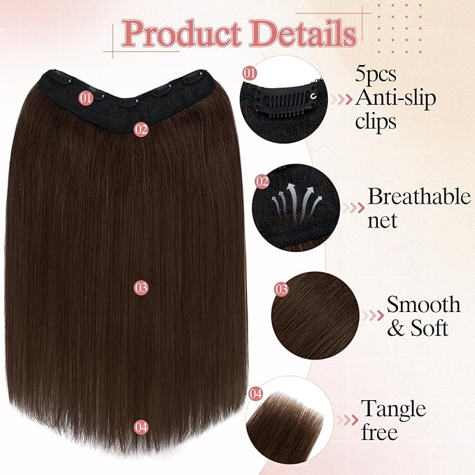 One Pieces Clip in Hair Extensions Human Hair Upgraded V-Shaped 5 Clips in Hair Extensions Human Hair Long One Piece Hairpiece for Women,12 Inch,#04 Chocalate Brown,55g