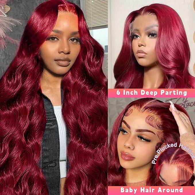 13x6 Lace Front Wigs Human Hair 28 Inch 99J Burgundy Wig 200 Density Body Wave Lace Front Wigs Pre Plucked With Natural Hairline 99J Human Hair Wigs For Women