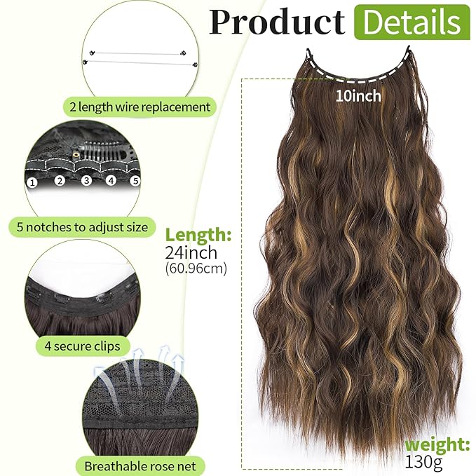 KooKaStyle Invisible Wire Hair Extensions with Transparent Wire Adjustable Size 4 Secure Clips Long Wavy Secret Synthetic Hairpiece for Women(24 Inch P6A/26#Chestnut Brown with Blonde Highlights)