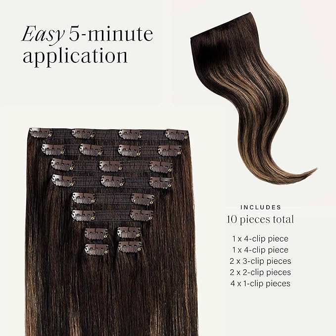 Luxy 100% Remy Human Hair, Classic 160g Clip-In Hair Extensions - 10 Wefts Multi-Dimensional Color for Natural Blending, Adds Volume & Length, Easy Apply & Remove 16" Dark Brown Balayage