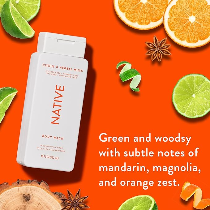 Native Body Wash Contains Naturally Derived Ingredients | For Women & Men, Sulfate, Paraben, & Dye Free Leaving Skin Soft and Hydrated | Citrus & Herbal Musk 18 oz