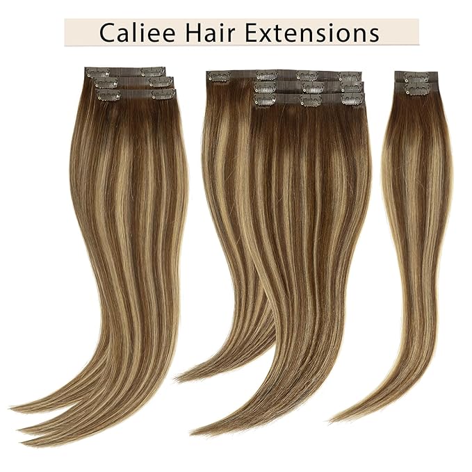 Caliee Seamless Hair Extensions Clip in Human Hair Ultra Thin Double PU Skin Weft Real Human Hair Extensions R4-4/27 Chocolate Brown to Caramel Blonde Ombre Clip in Hair Extensions 16Inch 115G 8Pcs