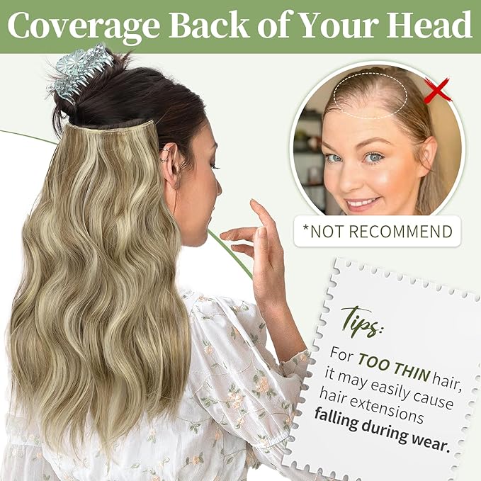KooKaStyle Invisible Wire Hair Extensions with Transparent Headband Adjustable Size 4 Secure Clips Long Wavy Secret Wire Hairpiece 10H24#Dirty Blonde Mixed Bleach Blonde 16 Inch for Women