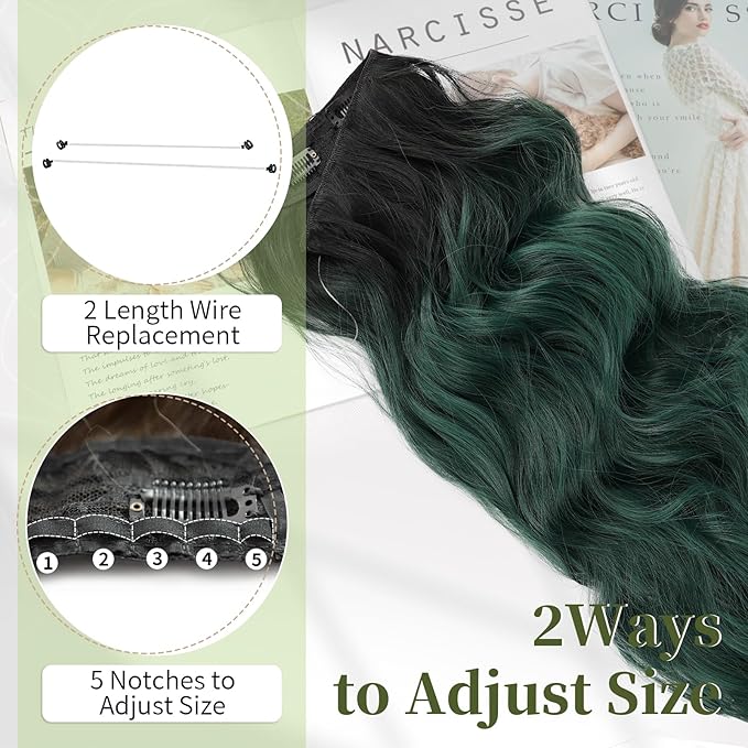 KooKaStyle Invisible Wire Hair Extensions with Transparent Headband Adjustable Size 4 Secure Clips Long Wavy Secret Wire Hairpiece 20 Inch for Women(Ombre Black to Green)