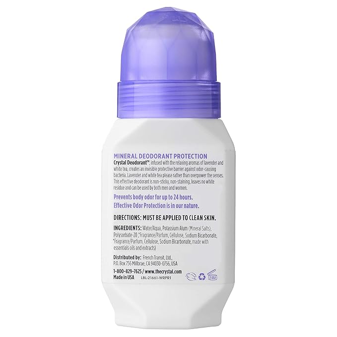 CRYSTAL Deodorant Aluminum Free Mineral Deodorant Roll-On for Women & Men, Lavender & White Tea - Paraben Free - Certified Cruelty Free & Vegan Deodorant - Prevents Odor Up to 24 Hours ,2.25 Fl Oz (Pack of 3),21661-3