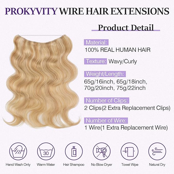 Halo Hair Extensions Real Human Hair,Halo Hair Extension 100% Human Hair,Wire Hair Extensions,Wavy 18P613 Gold Blonde Mixed Bleach Blonde 70g/20inch