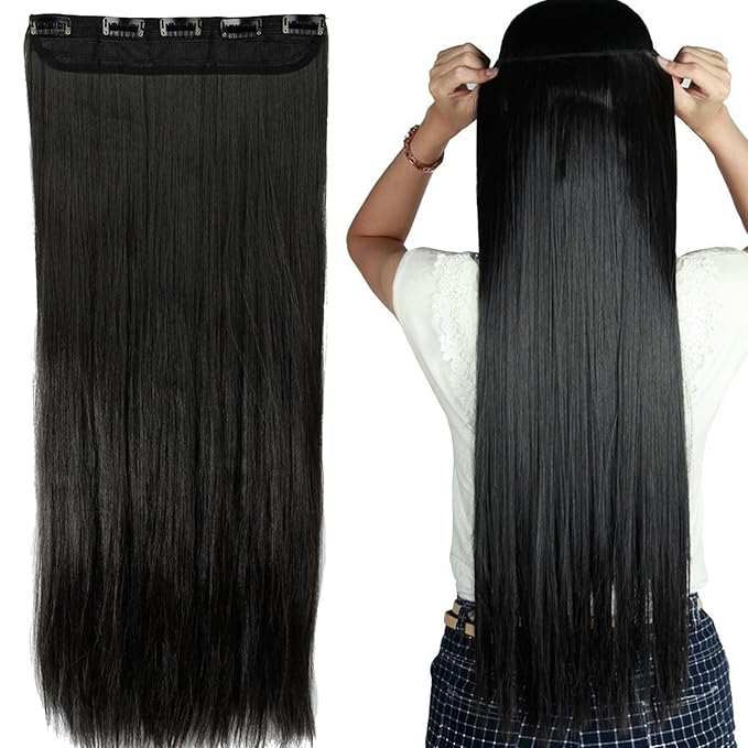 S-noilite Trendy 24"/26" Straight Curly 3/4 Full Head One Piece 5clips Clip in Hair Extensions Long Poplar Style for Xmas Gifts (26" - Straight, Solid black)