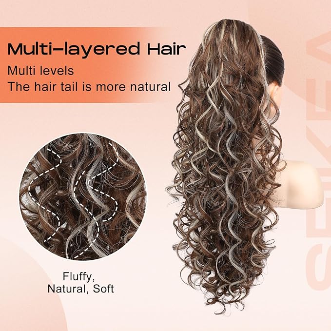 SEIKEA Ponytail Extension, 24" Fluffy Long Wavy Curly Claw Clip Hair Extensions Ponytail Multi-layered Clip in Fake Pony Tails Natural Soft Synthetic Hairpiece Light Brown with Blonde