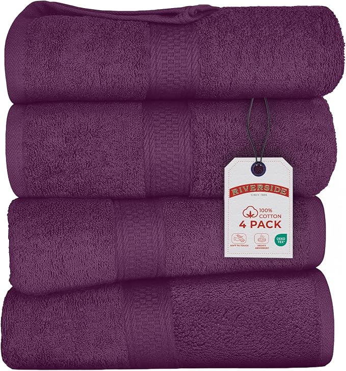 RIVERSIDE 100% Ring Spun Cotton Large Bath Towels Set of 4, 27 x 54 Inches – Quick Dry, Soft & Highly Absorbent Towels for Shower & Bathroom – Luxury 600 GSM Towels for Home, Spa, Gym, Hotel, Purple