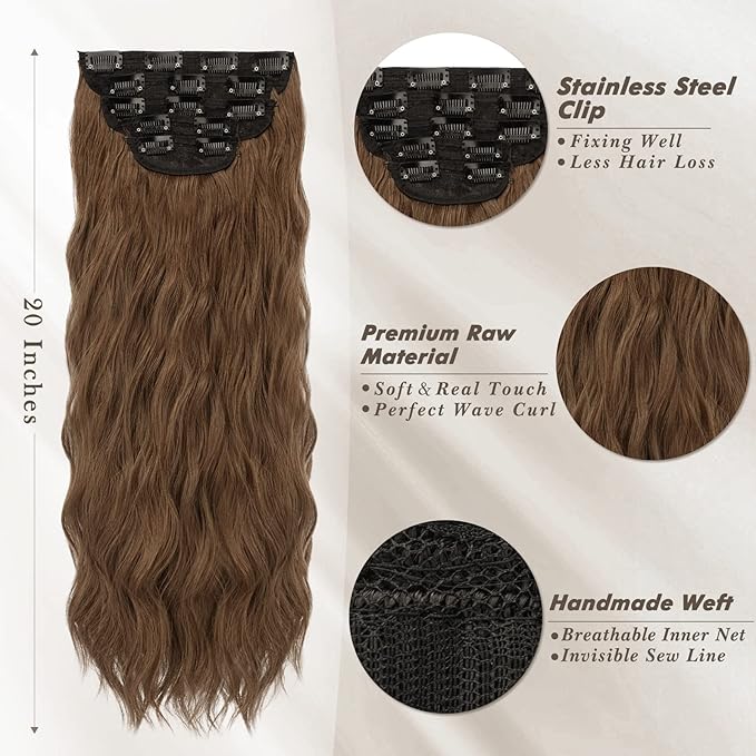 BARSDAR Brunette Clip in Hair Extensions - 20 Inch Wavy Clip in Hair Extensions for Women - 5PCs Thick Soft Synthetic Hairpieces Daily Party Halloween - Brunette